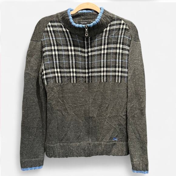 Burberry Black Label Wool Quarter Zip Sweater Plaid Panel Size Small - Picture 2 of 8